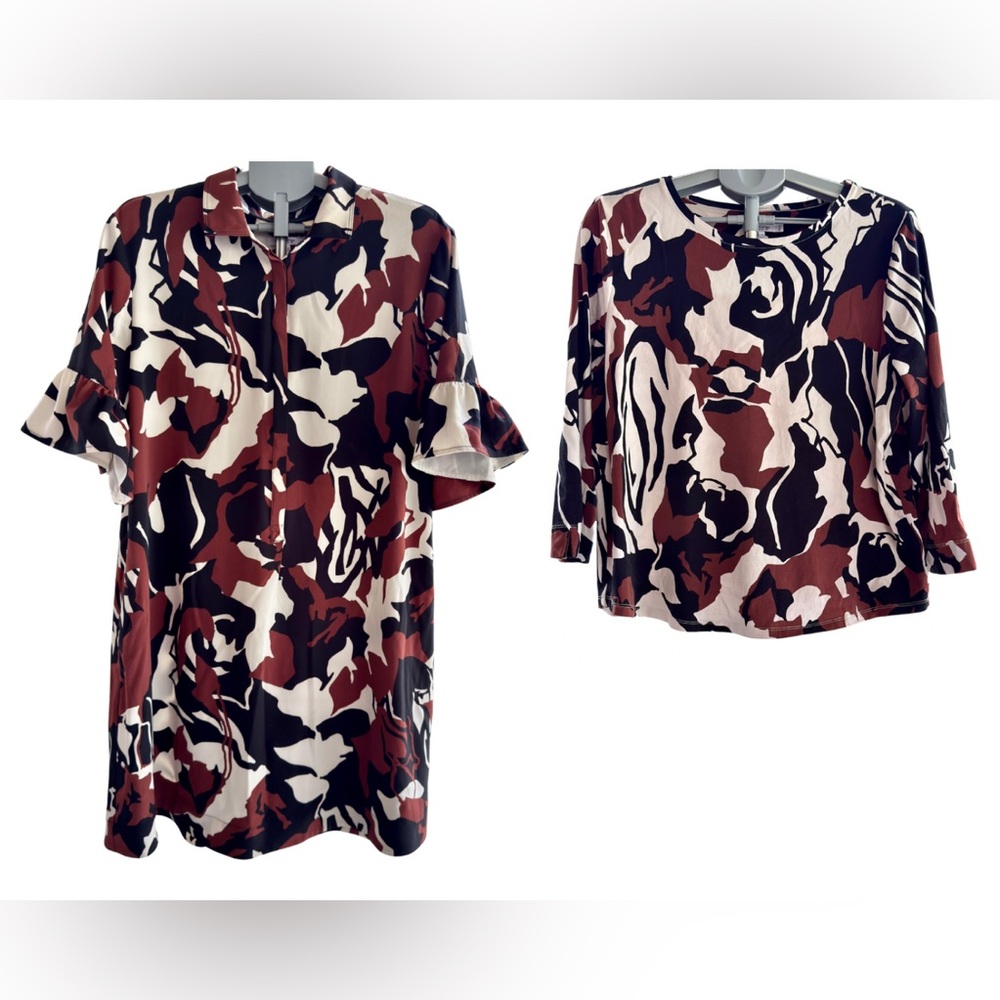 Chico’s Matching Set XL Abstract Top + Dress Black Brown Bundle